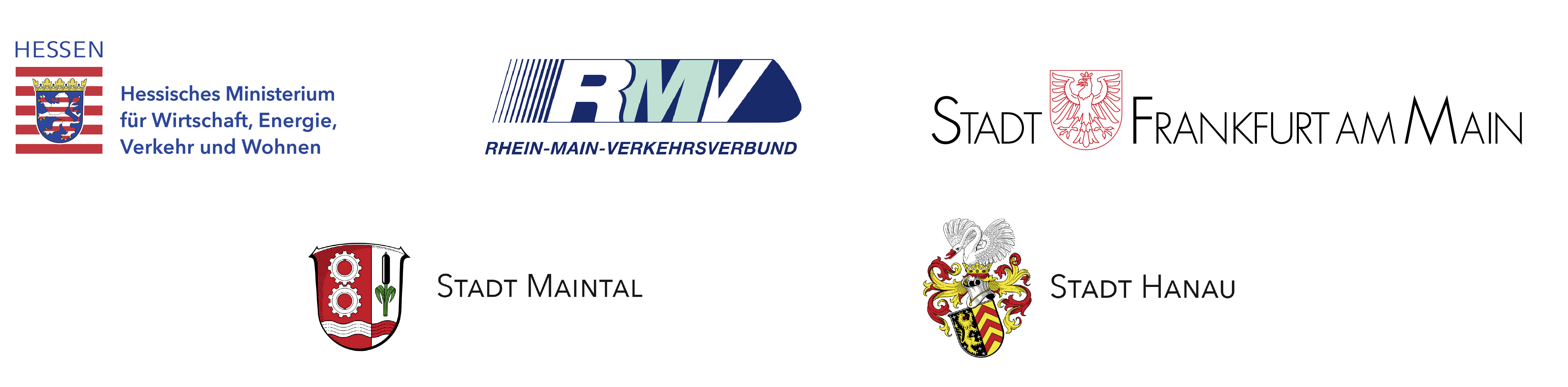 Logos der Projektbeteiligten: Hessisches Ministerium für Wirtschaft, Energie, Verkehr und Wohnen, Rhein-Main-Verkehrsbund (RMV), Stadt Frankfurt am Main, Stadt Maintal, Stadt Hanau