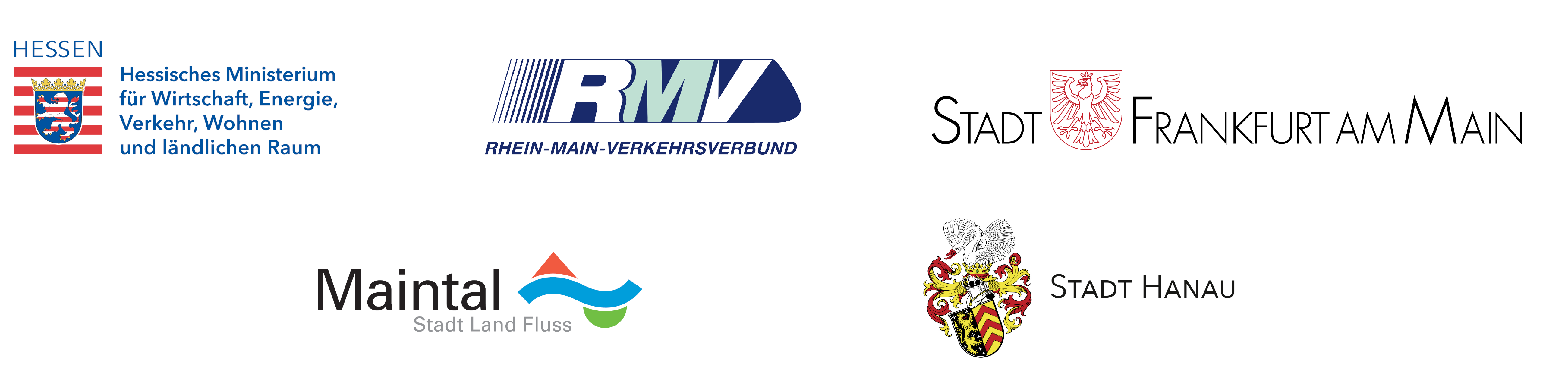 Logos der Projektbeteiligten: Hessisches Ministerium für Wirtschaft, Energie, Verkehr, Wohnen und ländlichen Raum, Rhein-Main-Verkehrsbund (RMV), Stadt Frankfurt am Main, Stadt Maintal, Stadt Hanau
