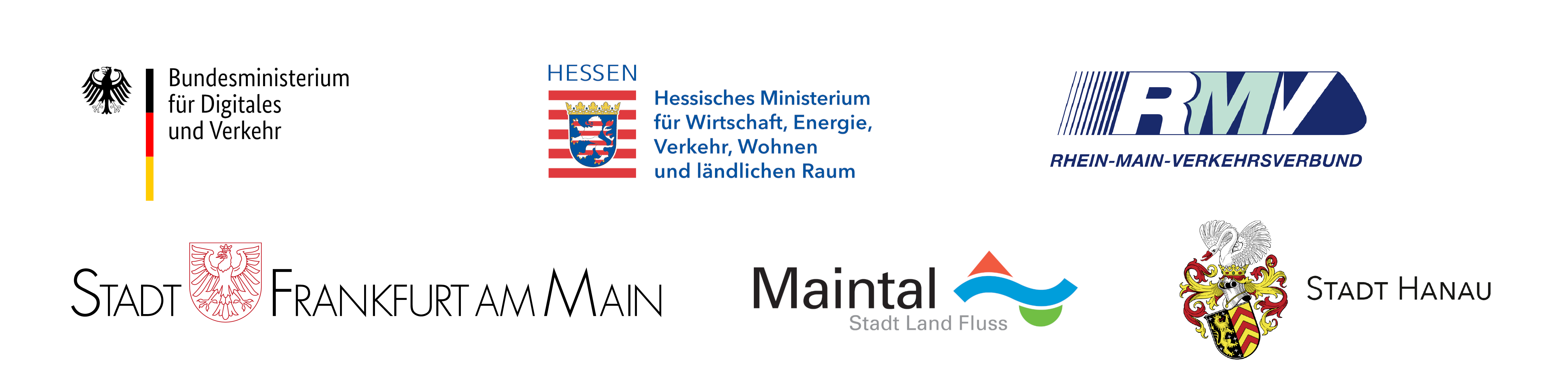 Logos der Projektbeteiligten: Bundesverkehrsministerium; Hessisches Ministerium für Wirtschaft, Energie, Verkehr, Wohnen und ländlichen Raum, Rhein-Main-Verkehrsbund (RMV), Stadt Frankfurt am Main, Stadt Maintal, Stadt Hanau