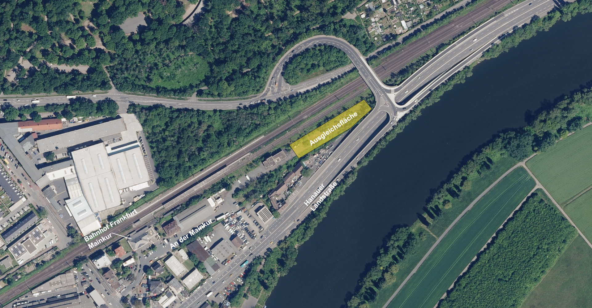 Visualisierung und Überblick der Ausgleichfläche an der Hanauer Landstraße in der Nähe vom Bahnhof Frankfurt Mainkur