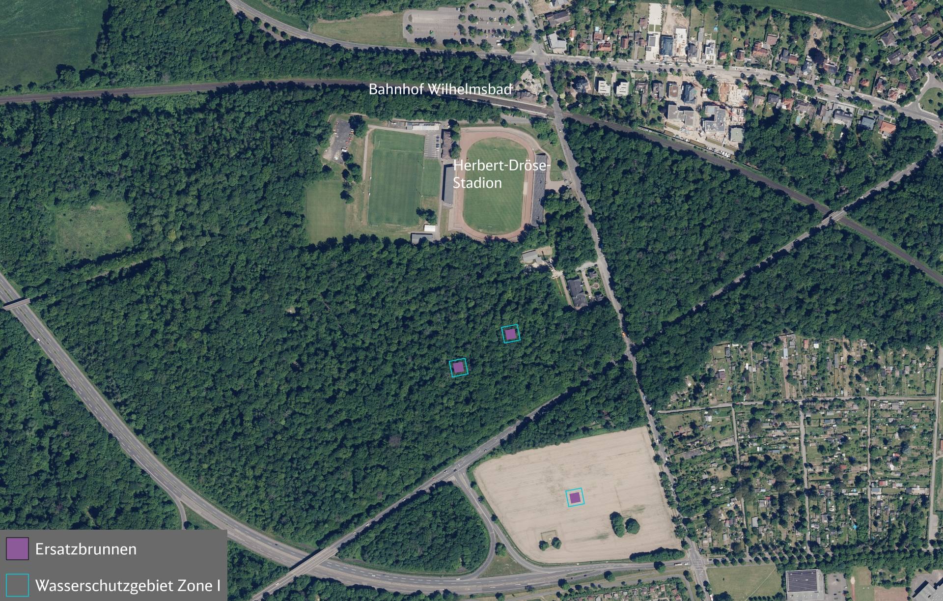Visualisierung und Überblick der Ersatzbrunnen und Wasserschutzgebiete in der Nähe vom Herbert-Dröse-Stadion und dem Bahnhof Wilhelmsbad in Hanau