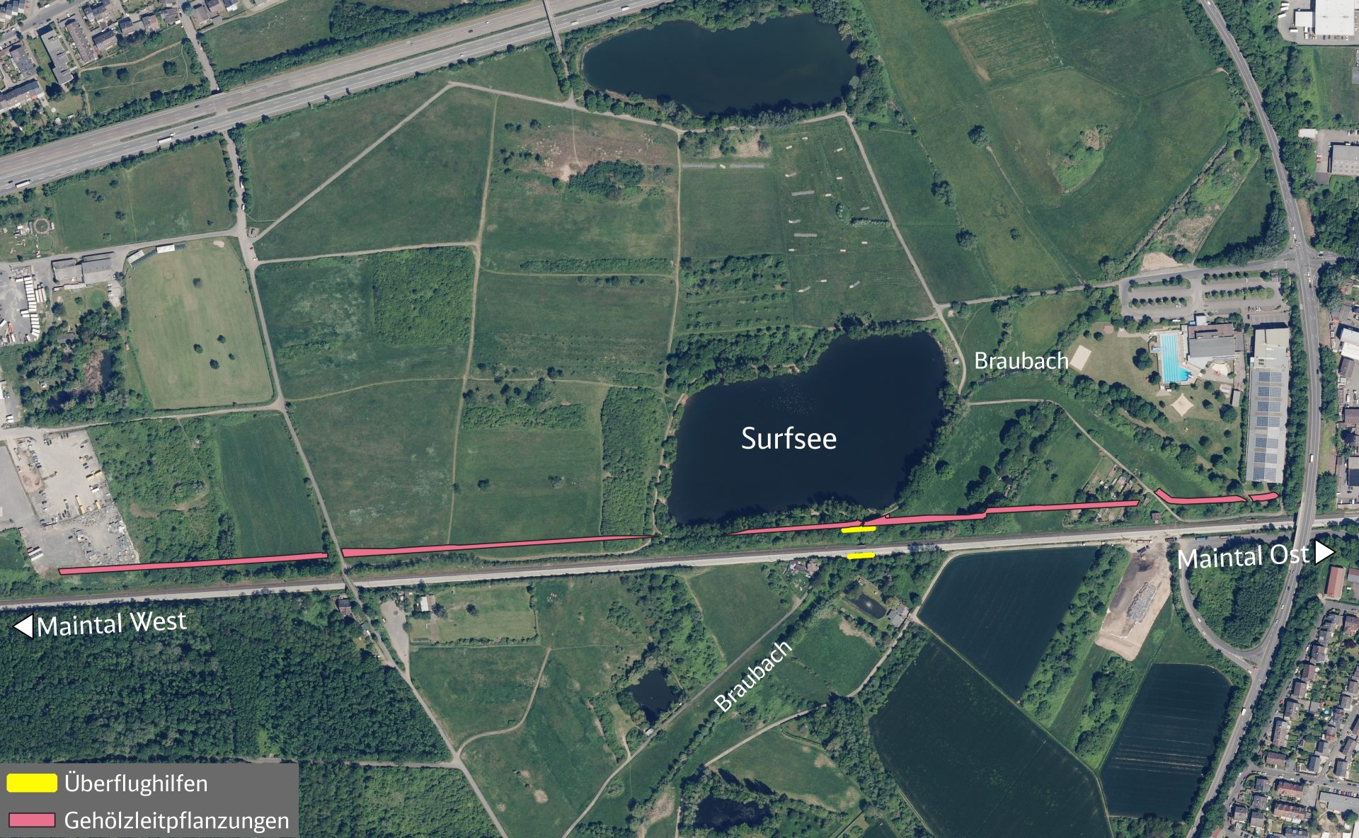 Visualisierung und Überblick von Überflughilfen und Gehölzleitpflanzungen entlang der Bahnstrecke neben dem Surfsee und dem Braubach bei Maintal