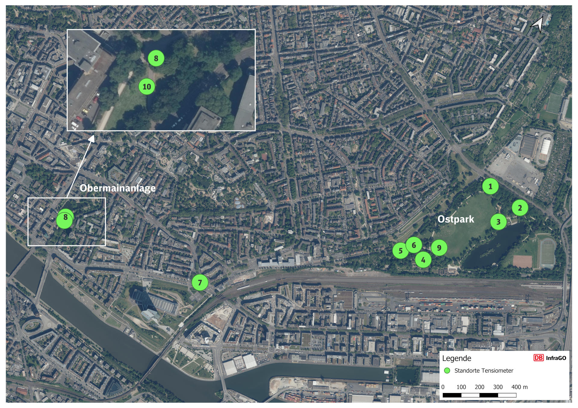 Übersichtskarte des Ostparks und der Obermainanlage mit eingezeichneten Standorten der Tensiometer