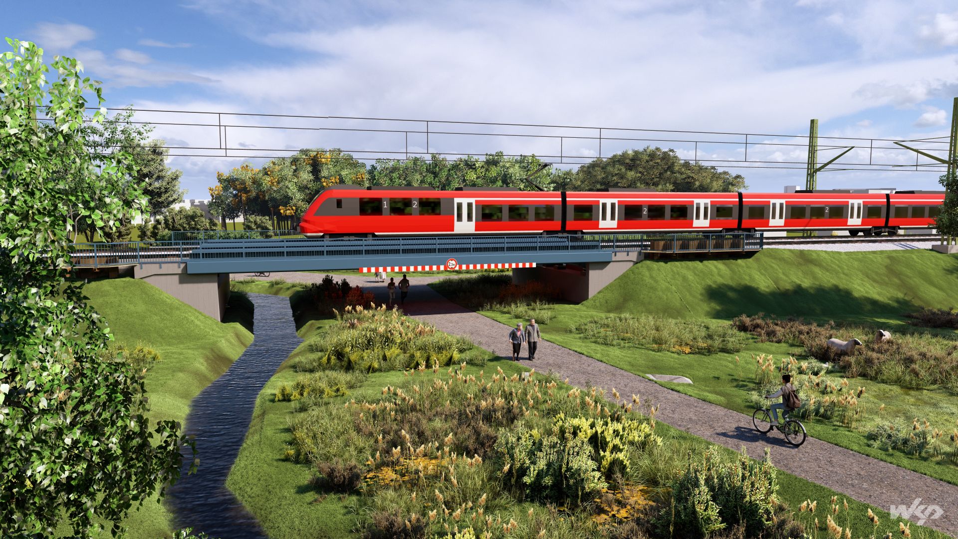Visualisierung: Grünanlage, links ein Fluss, Brücke mit Zug führt über Fluss